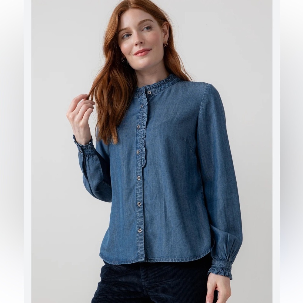 Boden Frill Ruffle Indigo Denim Cotton Button Down Blouse sz 8